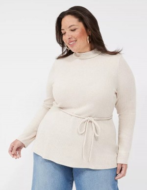 Beige Lane Bryant Lurex Mock-Neck Tie-Waist Top Women Sweaters | EPN5459CP