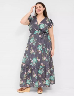 Black Green Lane Bryant Flutter-Sleeve Surplice-Neck Women Maxi Dress | XKJ2555NP