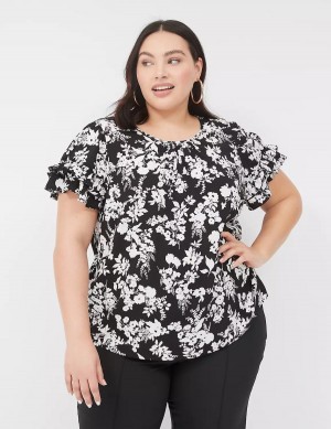 Black Lane Bryant Flutter-Sleeve Crew-Neck Top Women T Shirts | PWA6960NZ