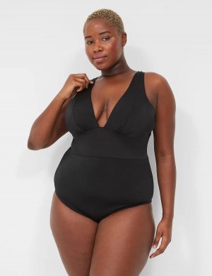 Black Lane Bryant No-Wire Plunge One-Piece Women Swimsuits | IYV7040LE