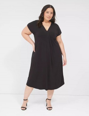 Black Lane Bryant V-Neck Pleat-Front Jersey Women Casual Dress | VLD5371XD