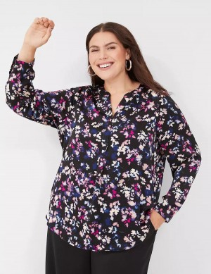 Black Multicolor Lane Bryant Satin Ruched-Shoulder Women Blouse | UFN7561EM