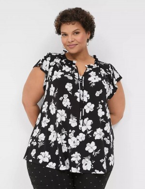 Black White Lane Bryant Cap Flutter-Sleeve Top Women T Shirts | JMW1060CE