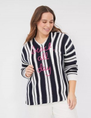 Black White Stripes Lane Bryant Embroidered Hooded Pullover Women Sweaters | IBU561IE