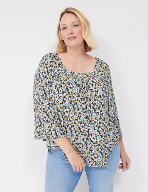 Blue Coral Lane Bryant Relaxed Square-Neck Trimmed Circle Drama Top Women Blouse | VYX123UE