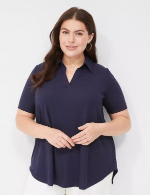 Blue Lane Bryant Elbow-Sleeve Split-Neck Swing Polo Top Women T Shirts | MFH1111IY