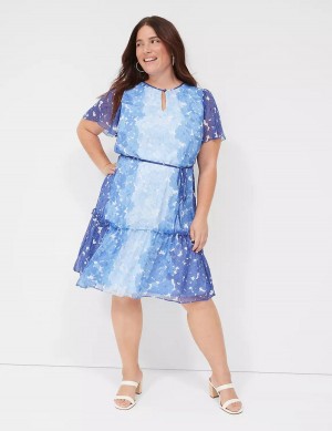 Blue Lane Bryant Flutter-Sleeve Ruffle-Tier Women Casual Dress | VOW1191IC