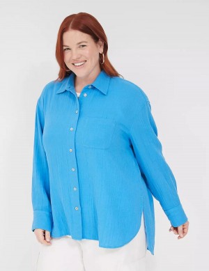 Blue Lane Bryant Gauze Button-Down Beach Top Women Shirts | UDF112MB