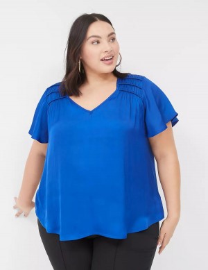 Blue Lane Bryant Satin Smocked-Shoulder Women Blouse | IFV2690DW