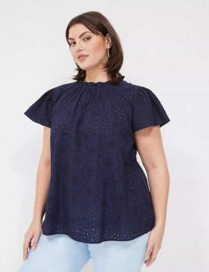 Blue Lane Bryant Subtle Swing Cap Ruffle-Sleeve Eyelet & Knit Top Women T Shirts | ZTT4349UU