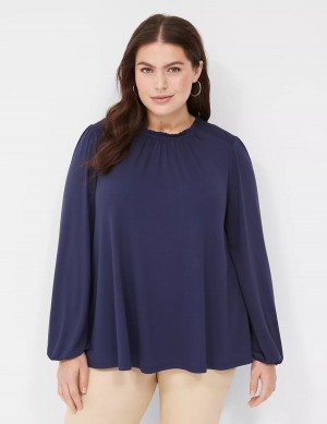 Blue Lane Bryant Swing Crew-Neck Smocked-Shoulder Top Women Blouse | ZLK785WF