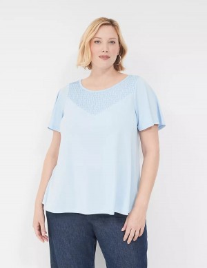 Blue Lane Bryant Swing Flutter-Sleeve Smocked-Yoke Top Women T Shirts | JYT4214ZM