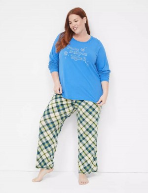 Blue Multicolor Lane Bryant Comfy Cotton Shirt & Pant PJ Set Women Pajamas | ZYK3346IU