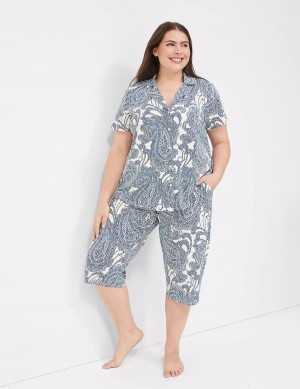 Blue Multicolor Lane Bryant DreamyCool Short-Sleeve Shirt & Crop Pant PJ Set Women Pajamas | LAD2977JX