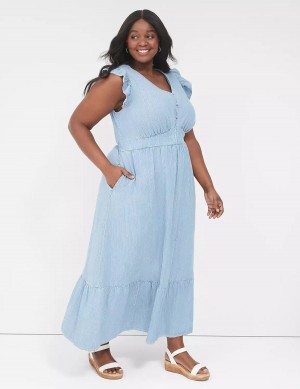 Blue Stripes Lane Bryant Flutter-Sleeve Button-Front Denim Women Maxi Dress | XWR222YK