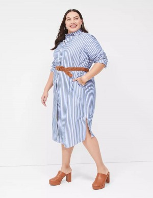 Blue Stripes Lane Bryant Long-Sleeveed Midi Women Shirt Dress | DJQ8389RD