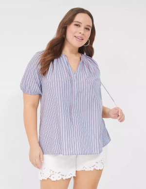 Blue Stripes Lane Bryant Swing Short-Sleeve Notch-Neck Women Blouse | LCD899PE