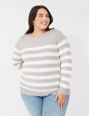 Brown Lane Bryant Crew-Neck Button-Shoulder Striped Women Sweaters | ZXZ2114ZG