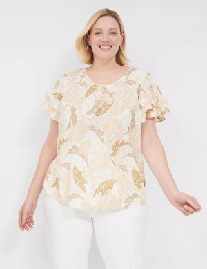 Brown Multicolor Lane Bryant Flutter-Sleeve Crew-Neck Top Women T Shirts | VIK6510WN