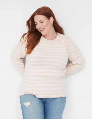 Coral Lane Bryant Crew-Neck Button-Shoulder Stripe Women Sweaters | OLH3521ZH