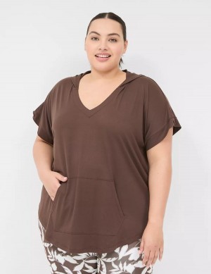 Dark Brown Lane Bryant LIVI Knot-Sleeve Recycled LIVI Soft Hooded Tunic Women T Shirts | GEO5345BB