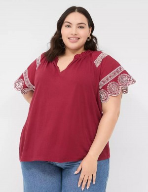 Deep Red Lane Bryant Eyelet Short-Sleeve Knit Top Women T Shirts | LJL9816JS