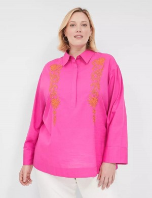 Fuchsia Lane Bryant Relaxed Collared Embroidered Tunic Women Shirts | WBG4917UE