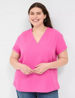 Fuchsia Lane Bryant Relaxed Gauze V-Neck Popover Women Shirts | RHE736AF