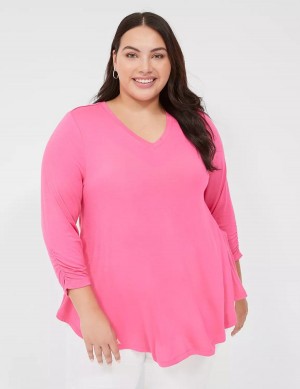 Fuchsia Lane Bryant Swing 3/4 Ruched-Sleeve Top Women T Shirts | DDD3266PM