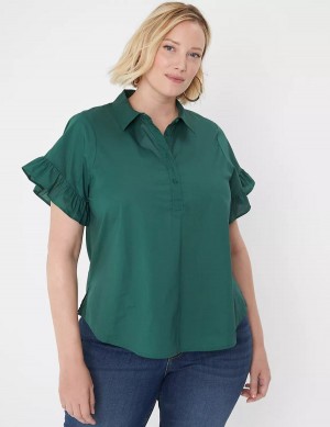 Green Lane Bryant Ruffle-Sleeve Button-Down Top Women T Shirts | SMN571MW