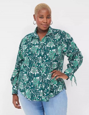 Green Multicolor Lane Bryant Collared Button-Front Tie-Cuff Women Blouse | FZX6223WK