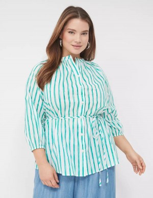 Green Stripes Lane Bryant Relaxed 3/4-Sleeve Button-Front Tunic Women Shirts | PYS8931HT