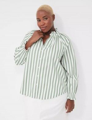 Green Stripes Lane Bryant Relaxed Button-Front Women Blouse | FOC4819LP