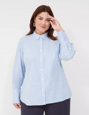 Light Blue Stripes Lane Bryant Button-Down Stripe Girlfriend Women Shirts | BCJ6184NC