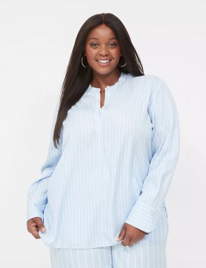 Light Blue Stripes Lane Bryant Relaxed Collar Button-Down Women Shirts | YTY1595TB