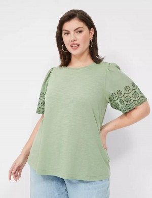 Light Green Lane Bryant Eyelet-Sleeve Crew-Neck Knit Tee Women Tank Top | MUB1282KO