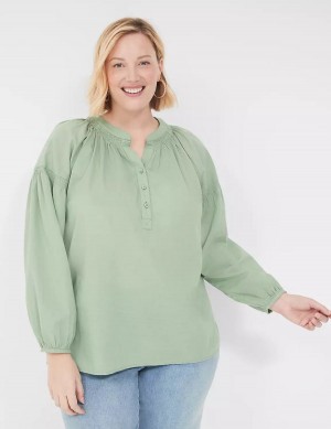 Light Green Lane Bryant Long-Sleeve Split-Neck Popover Women Shirts | GRK5854TD