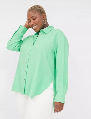 Light Green Lane Bryant Relaxed Linen Button-Down Women Shirts | KVT7173FO