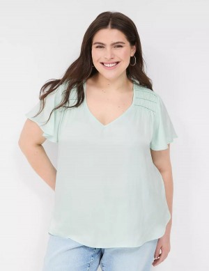 Light Green Lane Bryant Satin Smocked-Shoulder Women Blouse | LEH39100WR