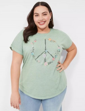 Light Green Lane Bryant Scoop-Neck Peace Flowers Graphic Tee Women T Shirts | PDX9190TD