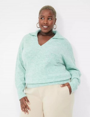 Light Green Lane Bryant V-Neck Polo Women Sweaters | UWM9046QW