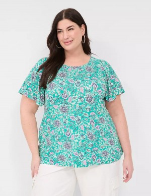 Light Turquoise Lane Bryant Flutter-Sleeve Smocked Top Women T Shirts | DNY1789NO