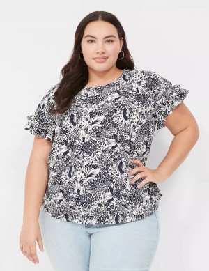 Navy Cream Lane Bryant Flutter-Sleeve Crew-Neck Top Women T Shirts | KCO2345AF