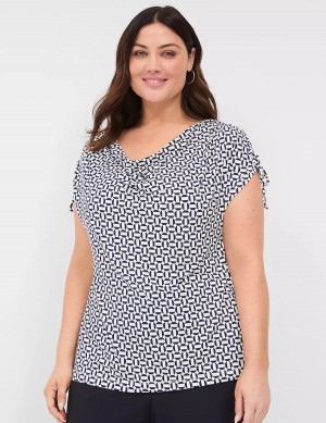 Navy Lane Bryant Drawcord Cap-Sleeve Drape-Neck Top Women T Shirts | GAR3043FL