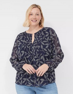 Navy Lane Bryant Pin-Tuck Crew-Neck Women Blouse | GPQ5536FD