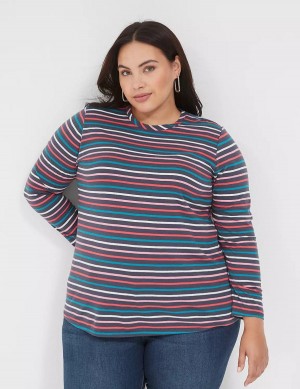 Navy Multicolor Stripes Lane Bryant Long-Sleeve Crew-Neck Tee Women T Shirts | YXD184KS