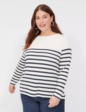 Navy Stripes Lane Bryant Long-Sleeve Boatneck Top Women T Shirts | LHD8593XD