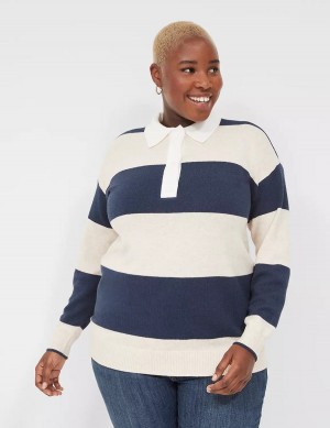 Navy Stripes Lane Bryant Long-Sleeve Stripe Polo Women Sweaters | YKP1880TG