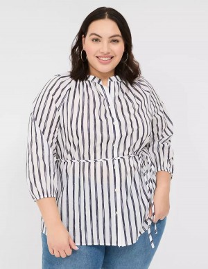 Navy Stripes Lane Bryant Relaxed 3/4-Sleeve Button-Front Tunic Women Shirts | KXV3632TJ