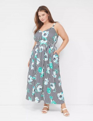 Navy Stripes Lane Bryant V-Neck Ruched-Waist Women Maxi Dress | AMP555CE